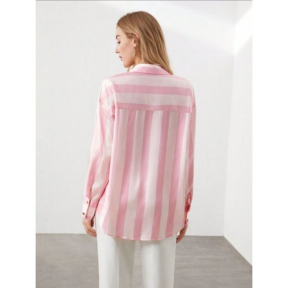 pink button down shirt striped preppy - Picture 2 of 2